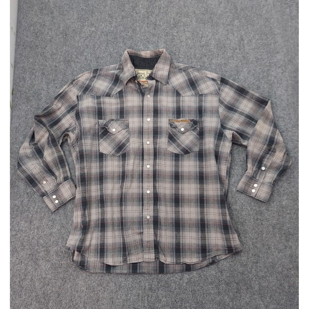 Jesse James West Coast Choppers Flannel Shirt Men XL Gray Plaid Pearl Snap Biker